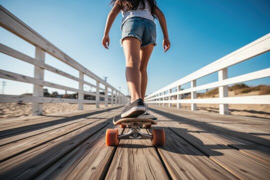 Woman longboarding on a wooden beach boardwalk in sunny summer movement