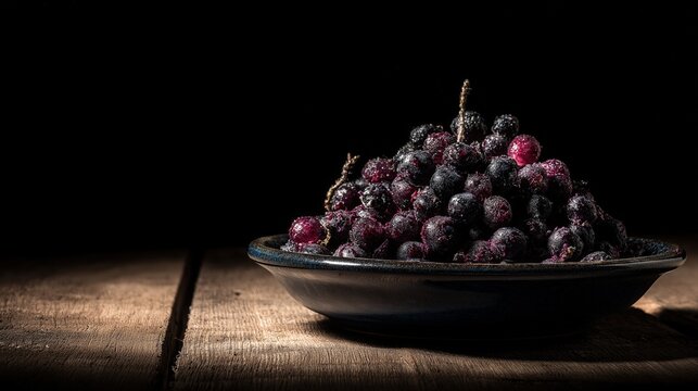 Darkly lit bowl of decomposing berries on rustic wood surface with mysterious atmosphere
