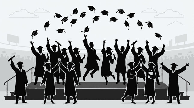 Silhouettes of joyful graduates in caps and gowns tossing hats in celebration during a university graduation ceremony