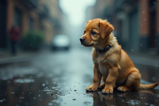 A Small Golden Puppy Sits on Wet Pavement During a Light Rain Shower
