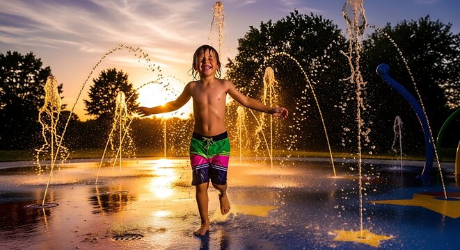 Happy Young Boy Running Through Splash Pad Fountains at Sunset