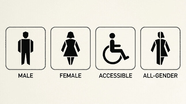 Universal public restroom icons featuring male female accessible and all gender symbols in a clean minimalist design on a plain background