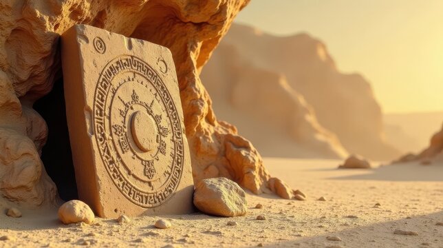 Ancient Stone Tablet with Intricate Carvings Rests in Desert Cave at Sunset