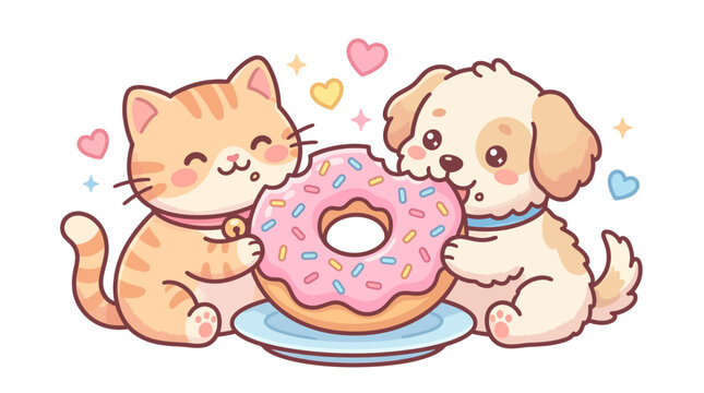 Cute Cat and Dog Sharing Donut.