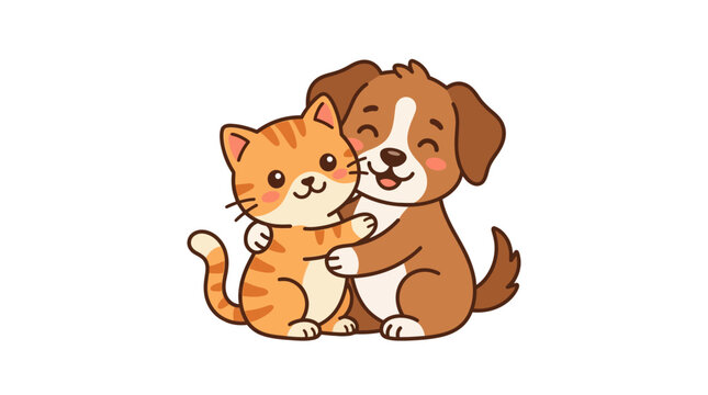 Cute dog and cat hugging together.