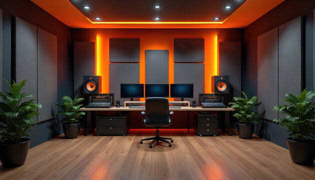 Modern home music studio with orange accent lighting and acoustic panels. Includes three monitors, speakers, and audio equipment on a long desk. Plants add a touch of nature to the creative space.