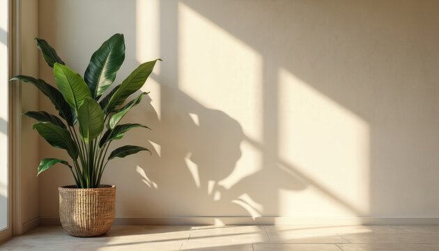 Empty room corner with large potted plant. Soft sunlight streams through window casting leaf shadows on wall. Natural light creates calm, serene atmosphere for virtual meetings.