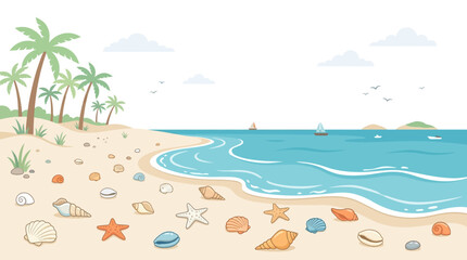 Obraz premium Seashells and starfish on sand beach.