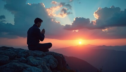 Obraz premium Man in silhouette sits on rocky mountain peak at sunset meditating. Peaceful sky with clouds and sun rays. Spiritual journey, inner peace, and gratitude.