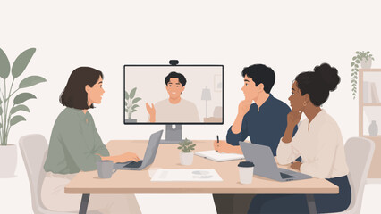 Fototapeta premium Modern flat vector illustration of a business team having a video conference call with a remote colleague in the office.