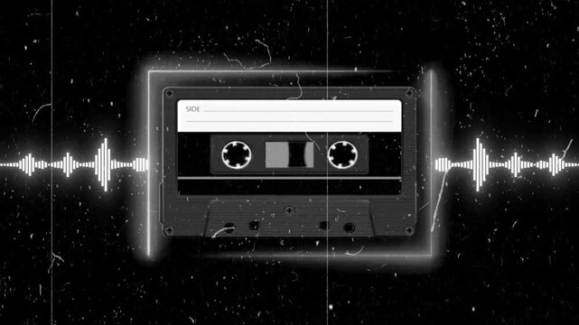 Retro cassette tape music visualizer with neon glow sound waves and vintage nostalgia effect for podcast streaming overlay motion graphic 4k video