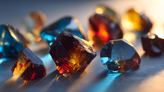 Close-up of rough, faceted gemstones in warm and cool tones.