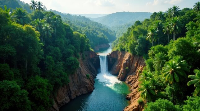 Serene Waterfall Cascading Through Lush Tropical Foliage, a Breathtaking Aerial View of Nature's Majesty