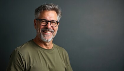 Obraz premium Smiling middle-aged man with graying hair and beard wears glasses and green t-shirt. Confident, friendly portrait against plain gray backdrop, studio shot, head and shoulders view, genuine expression.