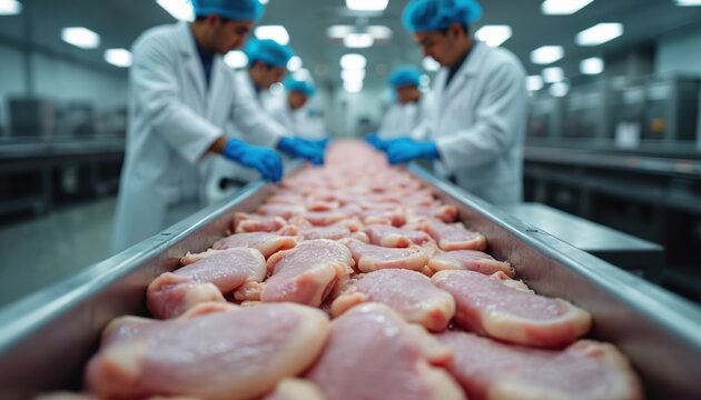 Workers in protective suits and caps process raw chicken meat on a conveyor belt in a food factory. Poultry production line involves sorting meat pieces for distribution and sale.