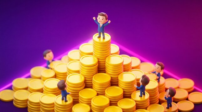 3D render of a happy businessman on top of a golden coin pyramid while competitors stay below. Illustrates wealth, corporate hierarchy, capitalism, financial success, and business dominance.