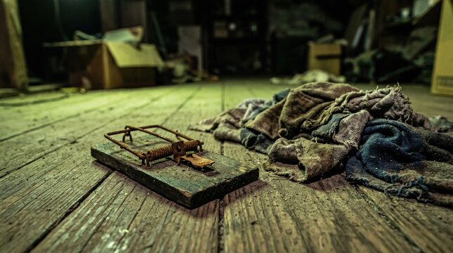 Hantavirus risk concept with a rusty mousetrap on a weathered wooden floor in a dusty attic. Rodent infestation and infectious disease hazard for public health and medical awareness.