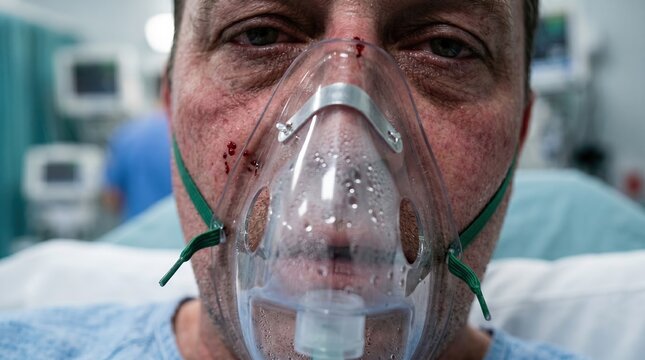Hantavirus Pulmonary Syndrome concept, male patient wearing oxygen mask in hospital ICU. Severe infectious disease symptoms, respiratory distress and medical emergency treatment.