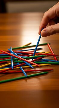 Close Up Hand Picking Blue Mikado Stick From Colorful Pile on Wooden Table