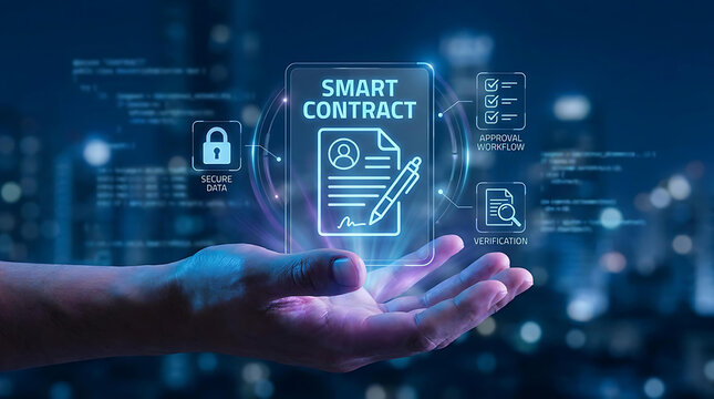 Businessman Holding Smart Contract Technology Interface with Blockchain Security Network