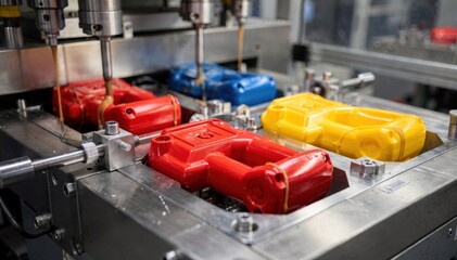 Fototapeta premium Medium shot of multicavity injection molds shaping colorful plastic power tool housings with smooth vibrant resin surfaces in a hightech manufacturing environment.