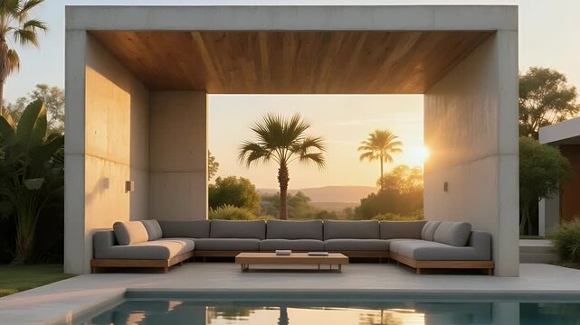Modern outdoor lounge with sectional sofa, concrete pavilion, pool, palm trees and sunset, luxury resort patio for hospitality and real estate