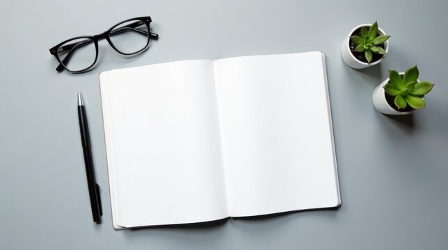 A clean, minimalist workspace featuring an open notebook, pen, eyeglasses, and succulent plants, ideal for displaying your brand or message.