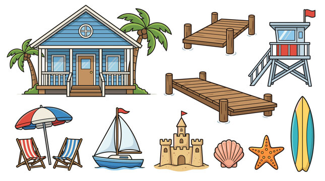 Colorful flat vector set of classic wooden ocean front property beach house with lifeguard tower pier sailboat and surfboard.