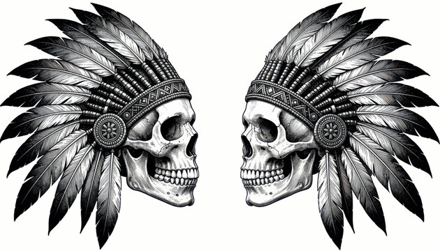 Detailed Black and White Tribal Skull Headdress Illustration on a Neutral Background