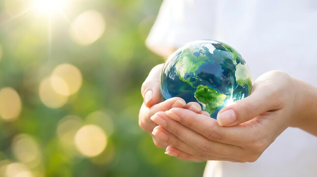 Hands holding glass earth globe in green nature with sunlight for environment conservation and sustainability concept
