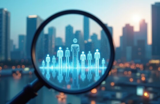Magnifying glass analyzes digital people icons against city skyline. Focus on population trends demographics business growth analysis and urban community segmentation for city planning research.