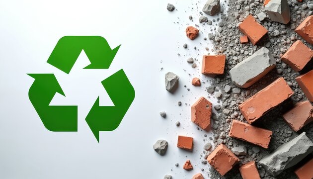 Green recycle symbol on white background near scattered pile of broken bricks cement and concrete debris. Symbolizes sustainability reuse reduce waste management and eco friendly construction.