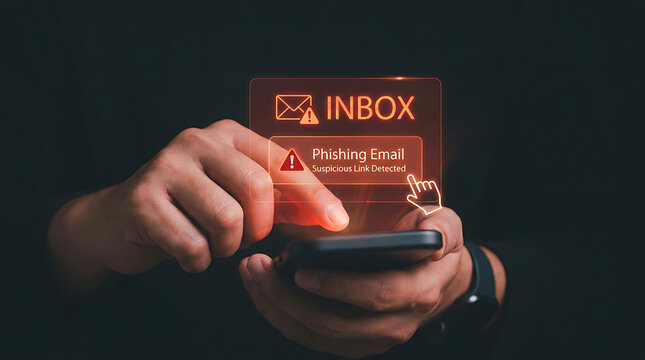 Person holding smartphone with glowing phishing email scam and suspicious link warning hologram