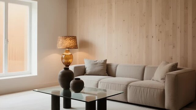 Cozy living room interior with beige sofa, glass coffee table, table lamp, wooden wall paneling, modern home decor, rental property