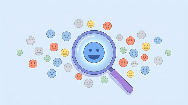Customer feedback concept with magnifying glass focusing on happy smiling face emoji among various emotions