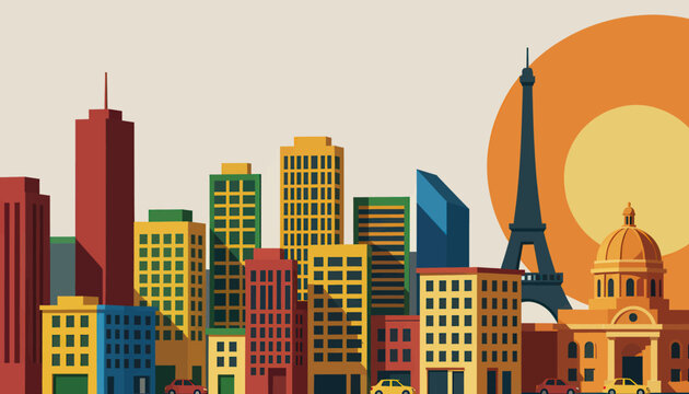 Parisian Cityscape Silhouette with Iconic Tower Against Warm Sunset Background Illustration