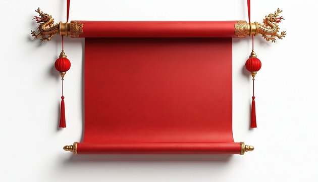 Ornate red scroll with golden dragon mounts and hanging lanterns. Blank space for text on traditional Asian paper. Ideal for invitations or festive announcements.