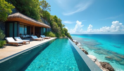 Obraz premium Cliffside villa with infinity pool overlooks blue ocean. Tropical resort features sun loungers on wooden deck. Rich green trees surround luxury vacation home with thatched roof, modern architecture.
