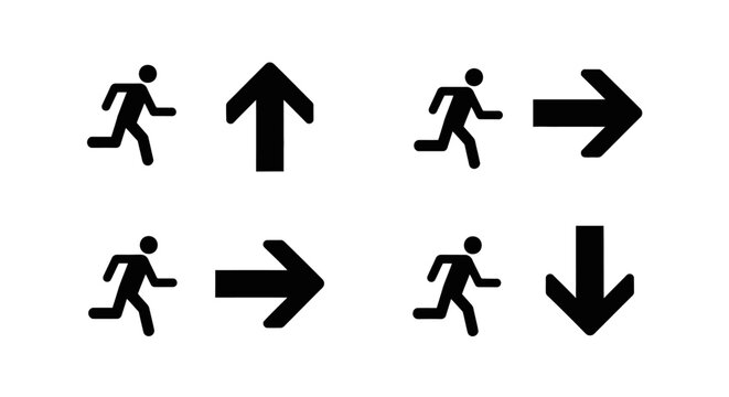 black and white running man icons with arrows.