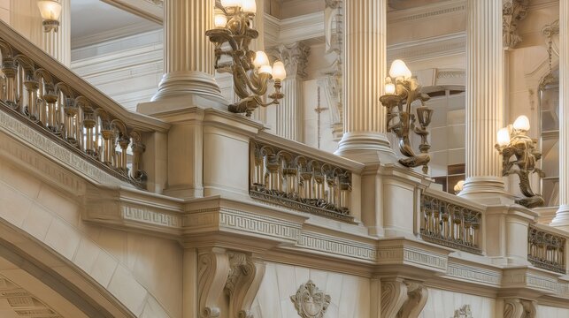 neoclassical. Grand neoclassical architecture with detailed pillars and staircase, embodying timeless elegance and design. real-estate listings.