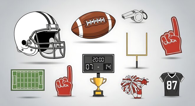 Colorful American Football Equipment Icons Arranged on Light Gray Background