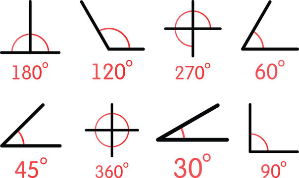 45 90 120 180 360 degree icon set in flat style. Different degree view rotation set. 360 degree view. Minimal interface icon, symbol. Different degrees icon set. 45-360 degrees. Vector graphic.