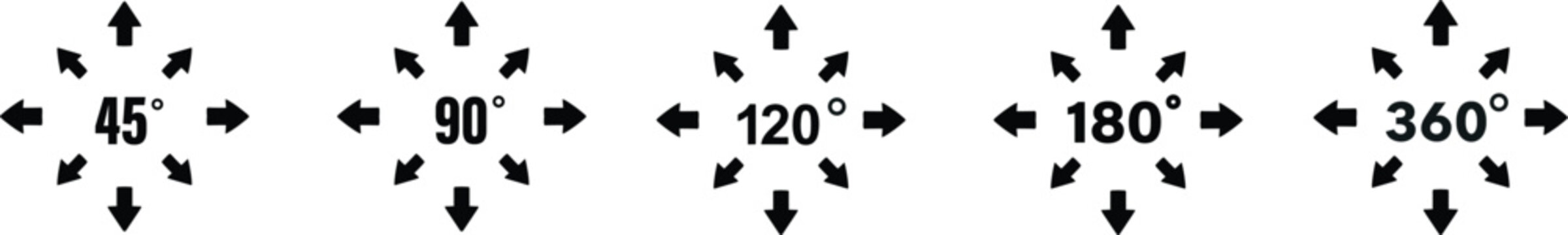 45 90 120 180 360 degree icon set in flat style. Different degree view rotation set. 360 degree view. Minimal interface icon, symbol. Different degrees icon set. 45-360 degrees. Vector graphic.