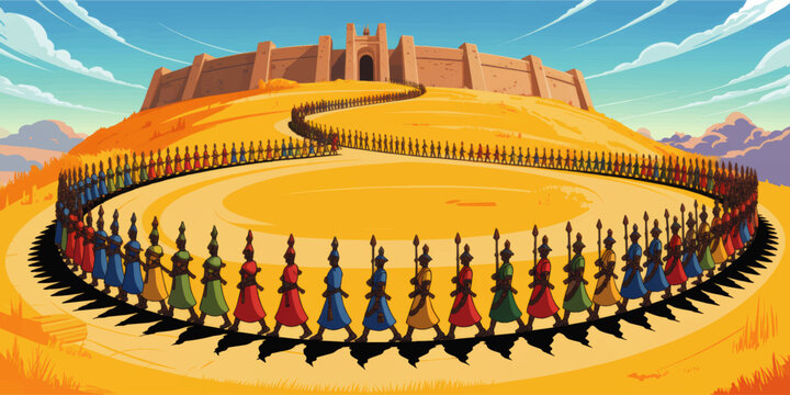 Fantasy fortress on golden hill with endless marching soldiers in colorful armor, epic medieval army parade under blue sky