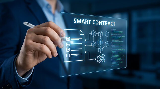Businessman interacting with smart contract, blockchain network, and code hologram using stylus