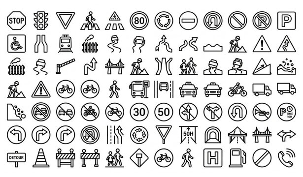 Set of 50 road traffic vector icons with transportation signs and safety symbols in modern outline style