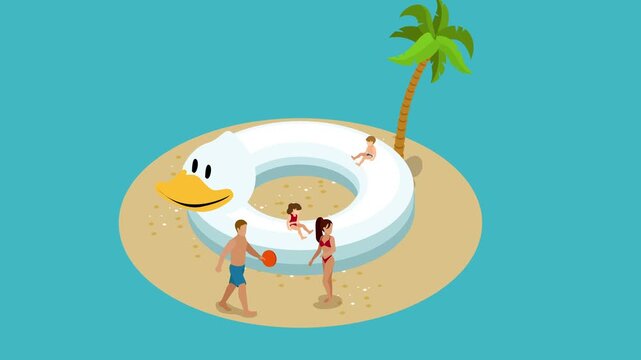 Tropical Island with Giant Duck Float and People Relaxing 3d animation cartoon