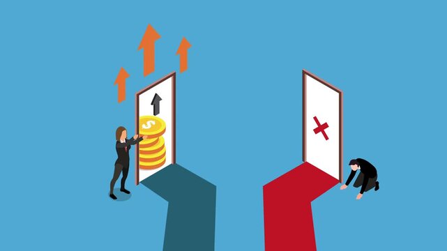 Business Success and Failure Concept with Profit and Loss Doors 3d animation cartoon