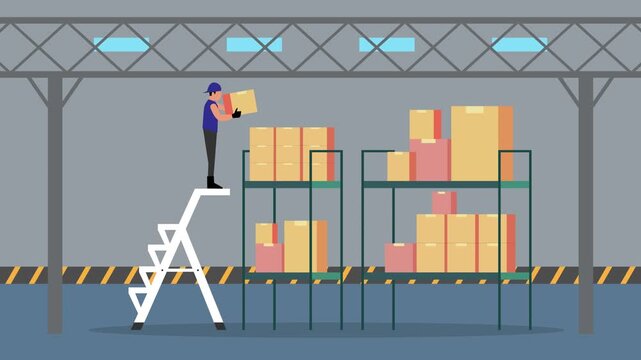Warehouse Worker Organizing Cardboard Boxes on High Storage Shelves cartoon animation