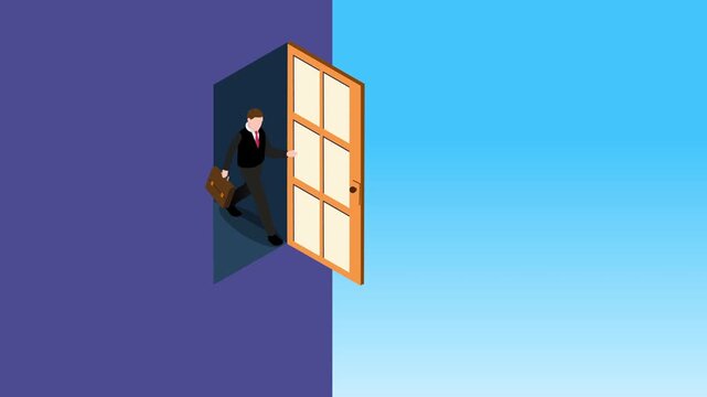 Businessman Stepping Through Door from Darkness into Bright Sky Blue Light | Career Opportunity Concept 3d animation cartoon